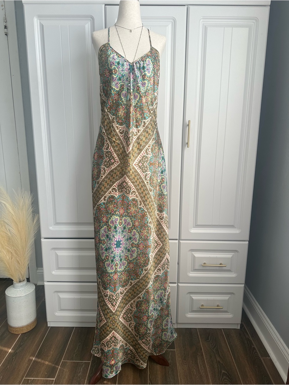 NWOT Nicole Miller 100% Silk Paisley Patchwork Maxi Dress Size 14